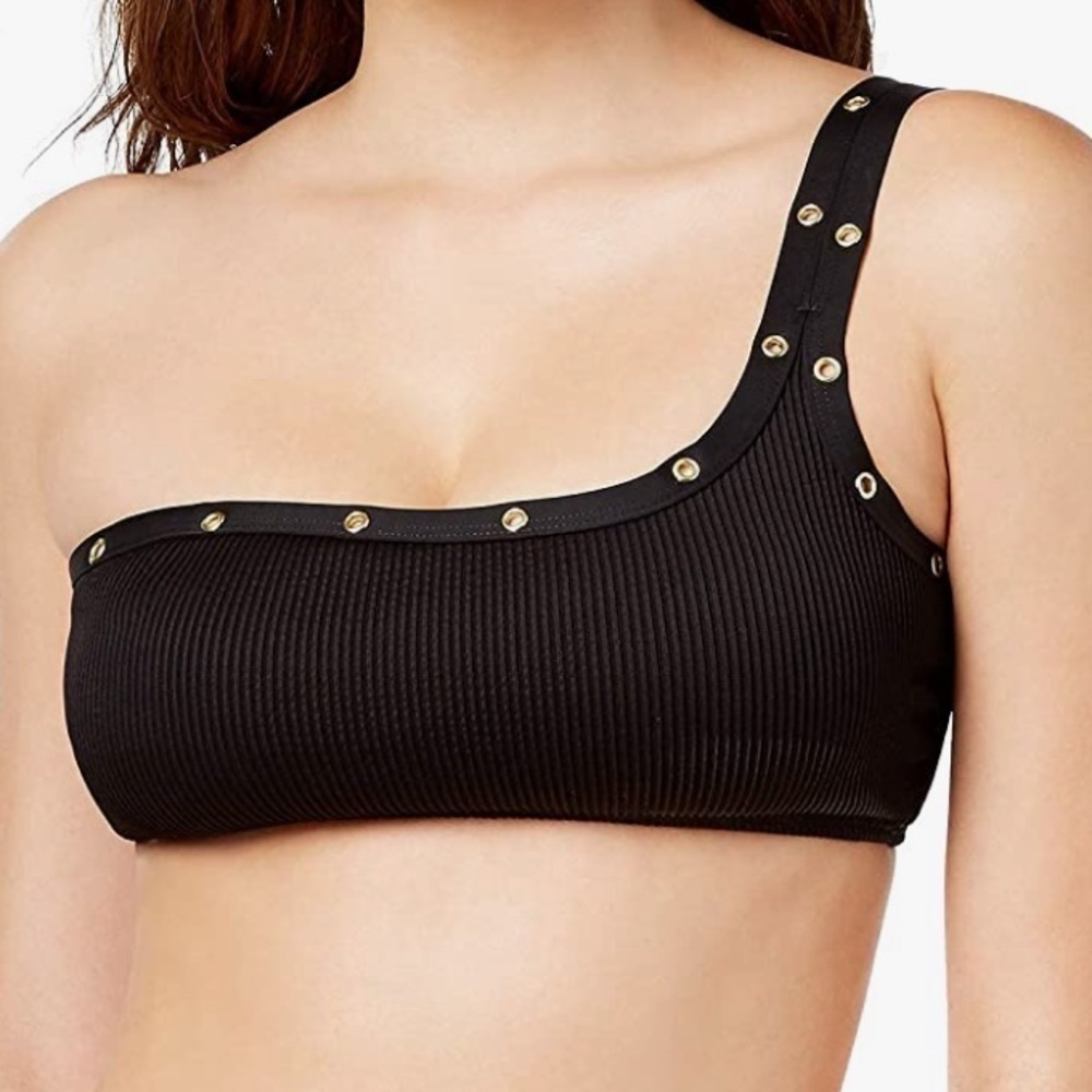 NWT Bar III Black Ribbed Grommet One Shoulder Bikini Swim Top